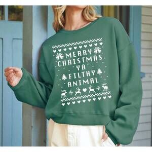 NEW OAT COLLECTIVE merry christmas ya filthy animal sweatshirt in heather forest